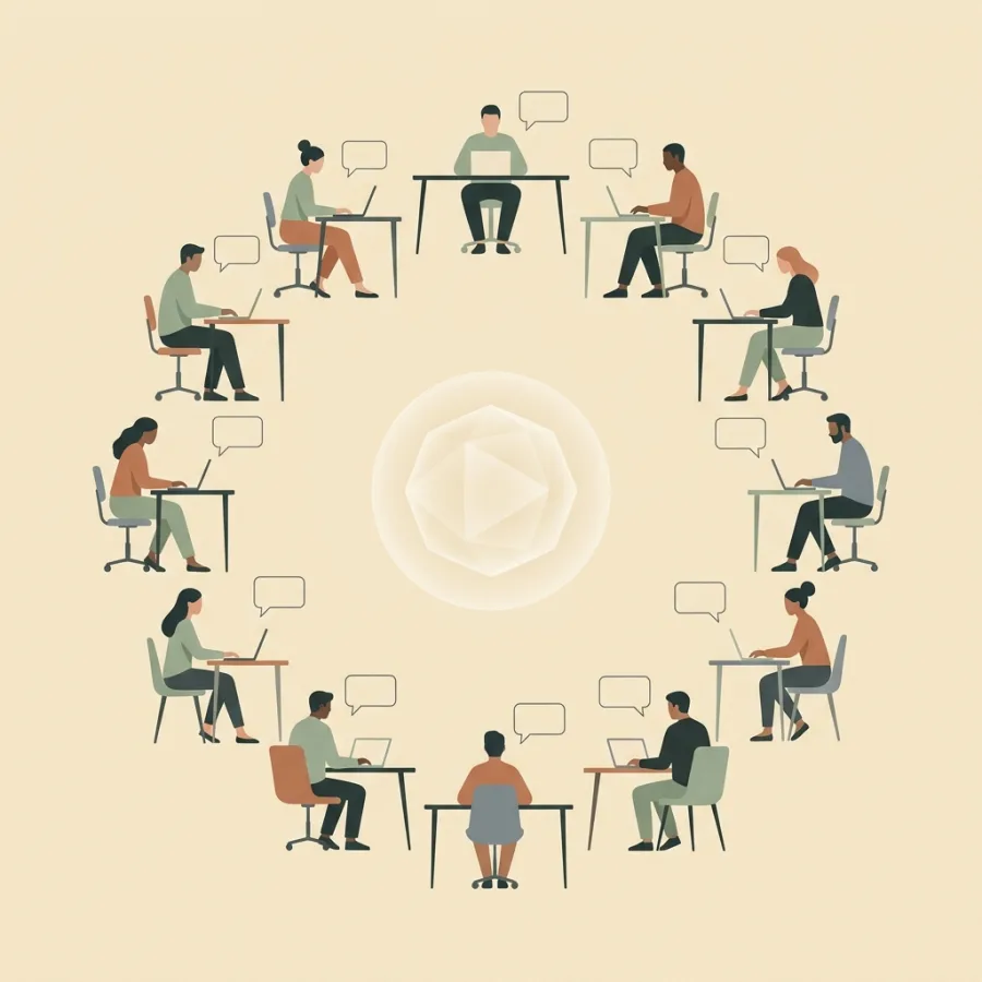 A circle of people at their desks, each talking to one shared presence in the middle