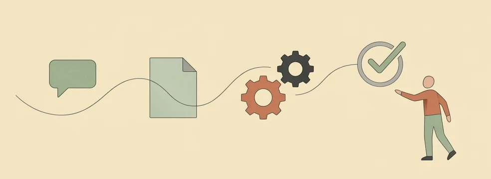 A speech bubble turning into a document, then gears, then a tick, with a person reaching for the tick