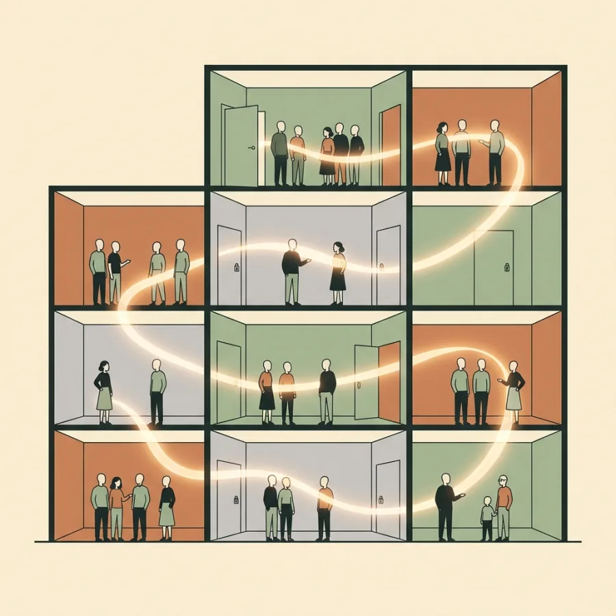 A building cut open, with the same shared presence moving through every room; some doors open, some locked